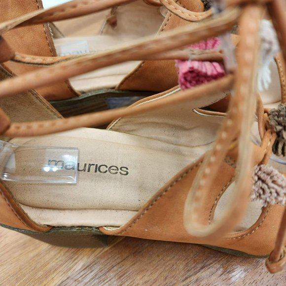 Maurices Ember Sandals 7 Camel Brown Zip Back Strappy Lace Up Tassel Stack Heel - Picture 2 of 13